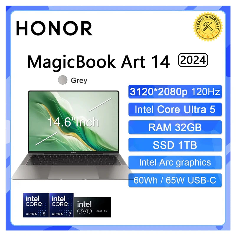 New HONOR 1kg Laptop MagicBook Art 14 2024 14.6"Inch 3.1K 120Hz OLED Touchscreen Intel Ultra 5 7 Computer PC Notebook Ultrabook
