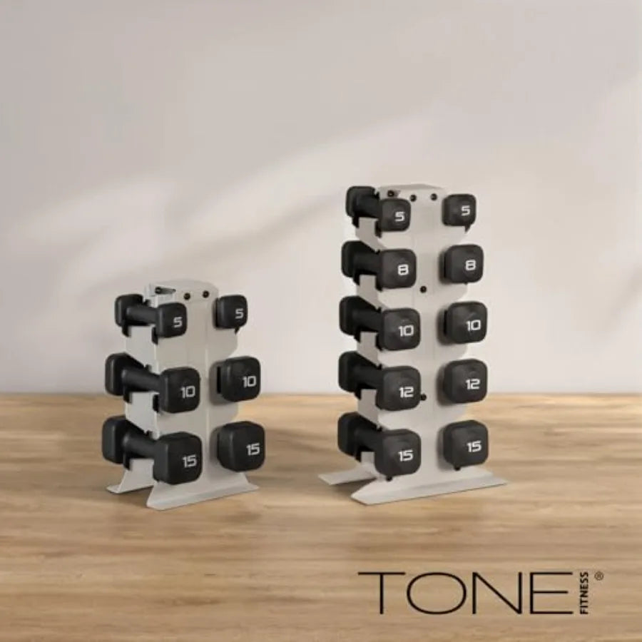 Tone Fitness Neoprene Dumbbell Set with Storage Rack Non-Slip Anti-Roll Hand Weights for Home Gym Workouts 20 lb 32 lb 50 lb 60