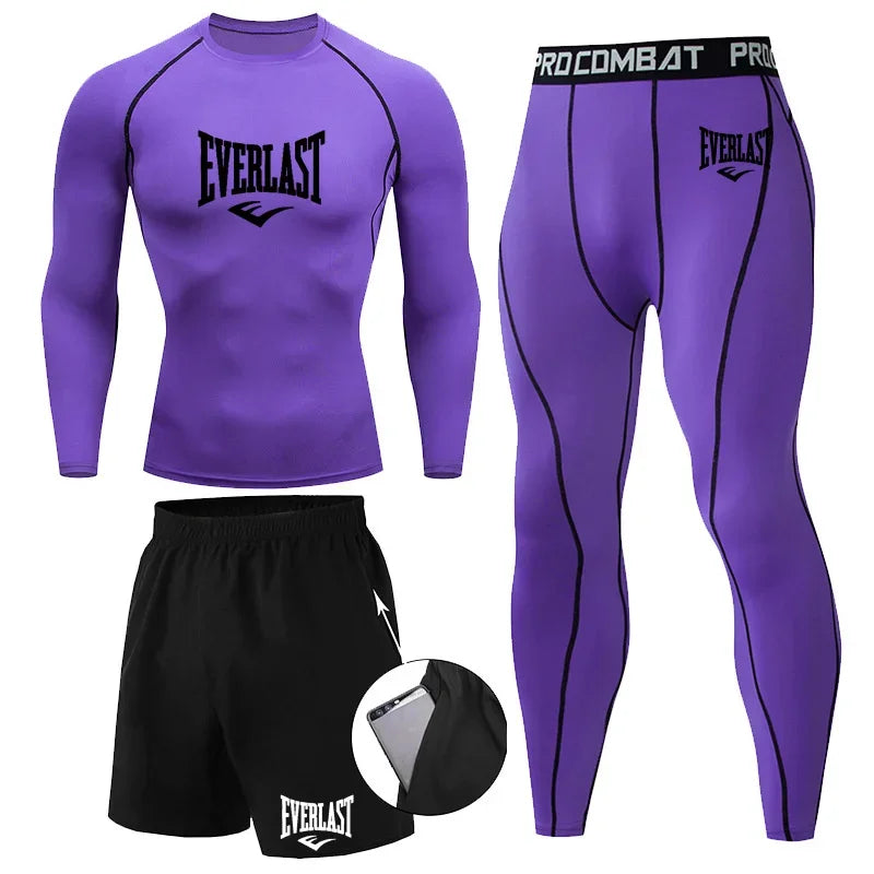 EVER/LAST Black Men's Suits Compression Shirts Leggings Elasticity Fitness Gym Running Breathable Quick Dry Rashguard Men Sets