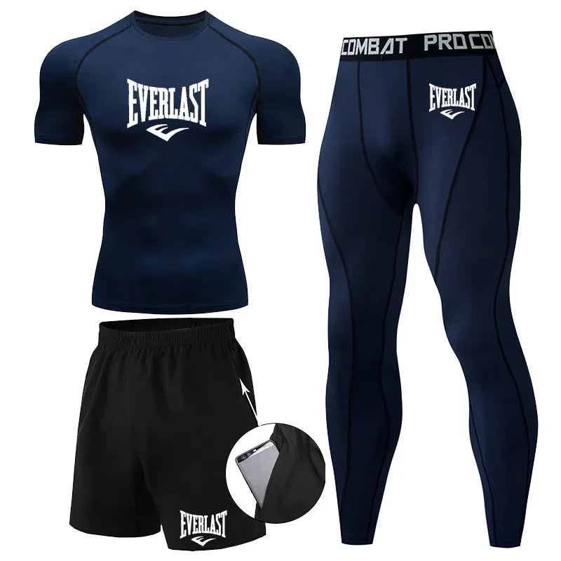 EVER/LAST Black Men's Suits Compression Shirts Leggings Elasticity Fitness Gym Running Breathable Quick Dry Rashguard Men Sets