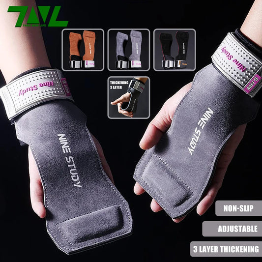 1 Pair Premium Anti-Slip Lifting Straps Grips Fitness Gloves for Gym Training Deadlifting Bodybuilding 3 layer Leather