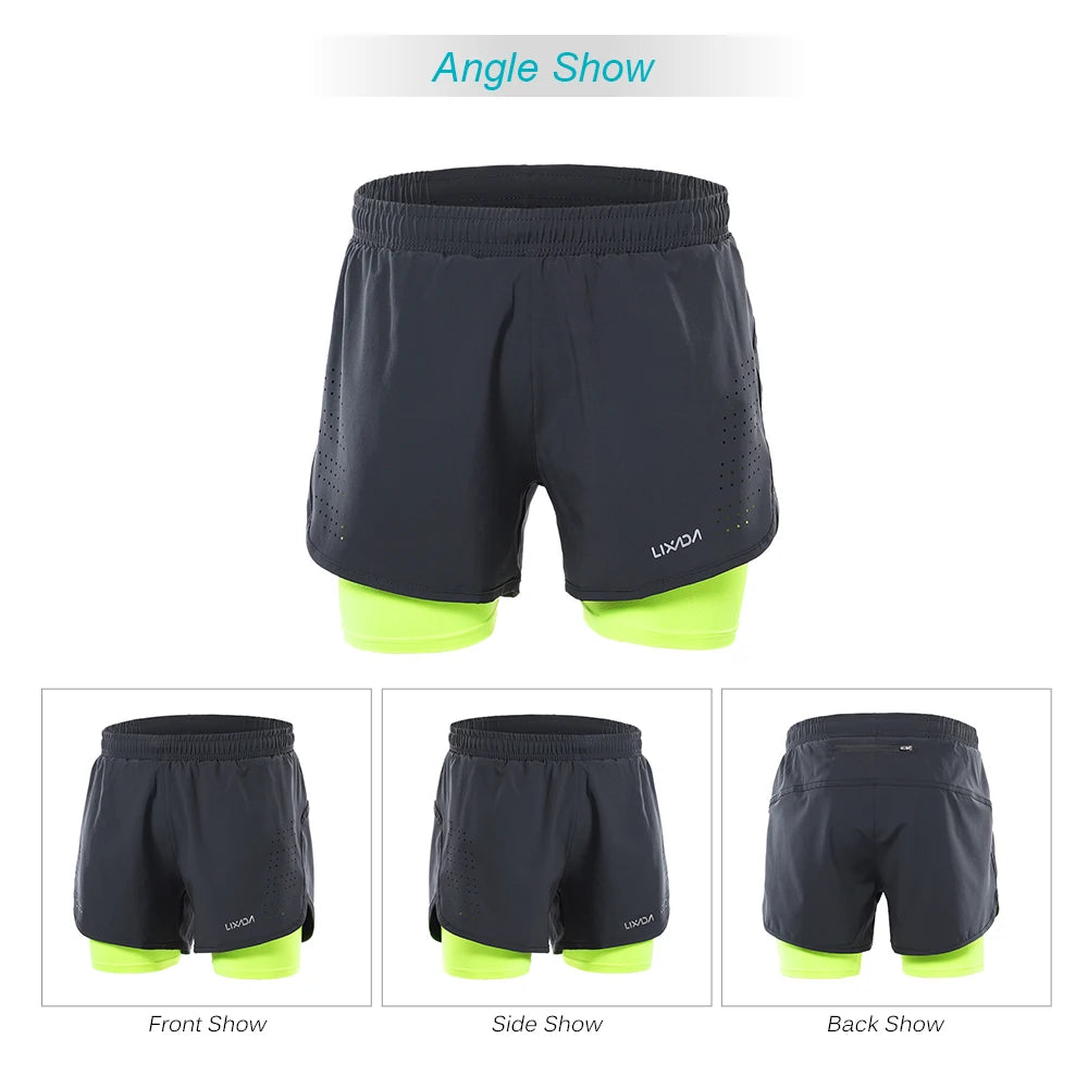 Lixada Men's 2-in-1 Running Shorts Quick Drying Breathable Active Training Exercise Jogging Cycling Shorts with Longer Liner