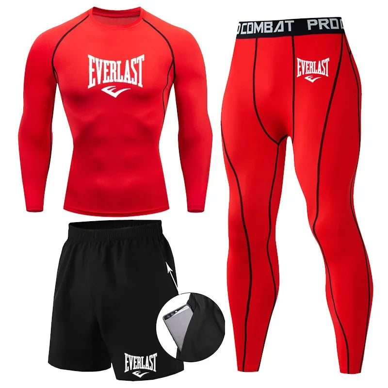 EVER/LAST Black Men's Suits Compression Shirts Leggings Elasticity Fitness Gym Running Breathable Quick Dry Rashguard Men Sets