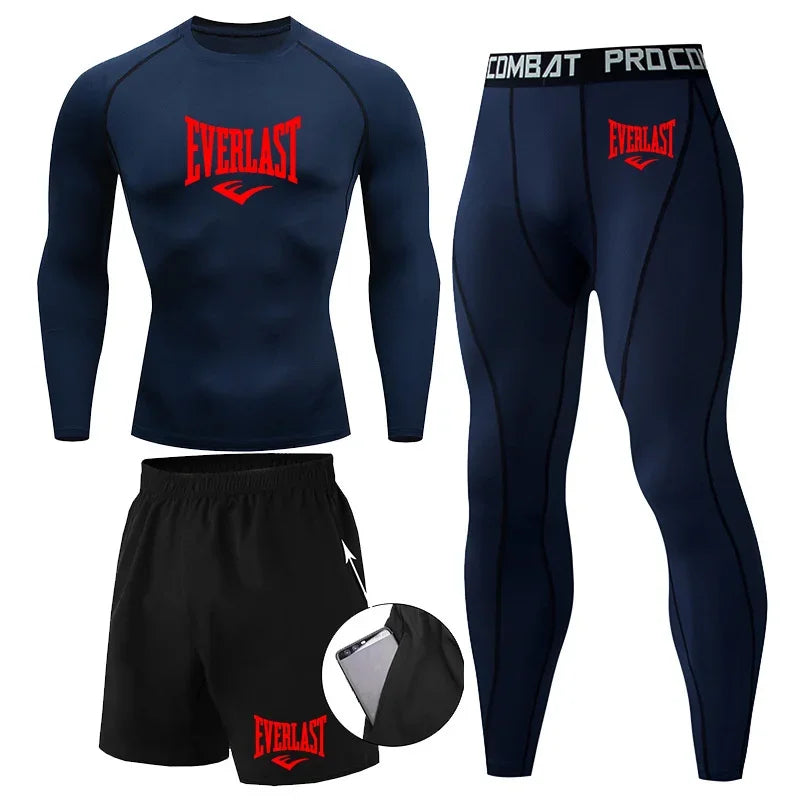 EVER/LAST Black Men's Suits Compression Shirts Leggings Elasticity Fitness Gym Running Breathable Quick Dry Rashguard Men Sets