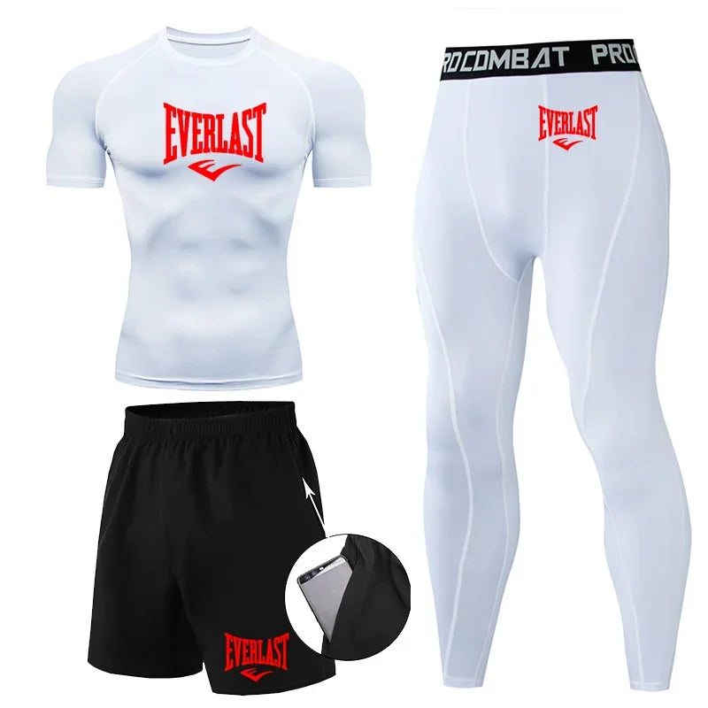 EVER/LAST Black Men's Suits Compression Shirts Leggings Elasticity Fitness Gym Running Breathable Quick Dry Rashguard Men Sets