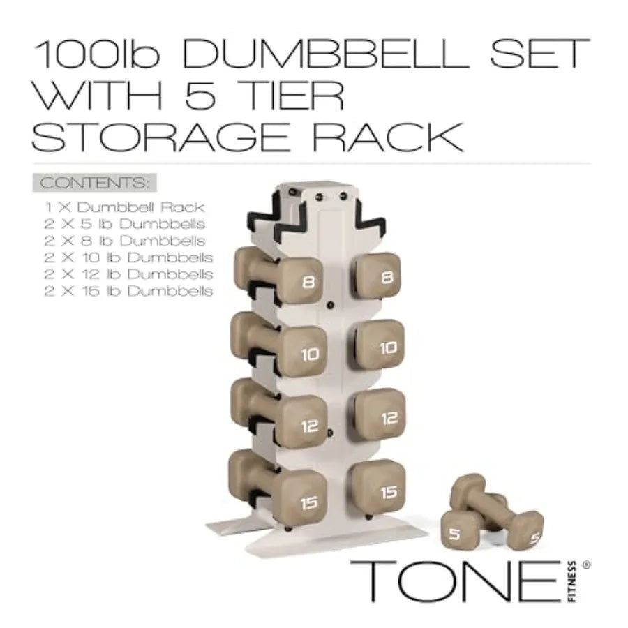 Tone Fitness Neoprene Dumbbell Set with Storage Rack Non-Slip Anti-Roll Hand Weights for Home Gym Workouts 20 lb 32 lb 50 lb 60