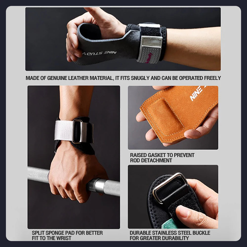 1 Pair Premium Anti-Slip Lifting Straps Grips Fitness Gloves for Gym Training Deadlifting Bodybuilding 3 layer Leather
