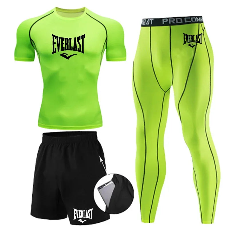 EVER/LAST Black Men's Suits Compression Shirts Leggings Elasticity Fitness Gym Running Breathable Quick Dry Rashguard Men Sets