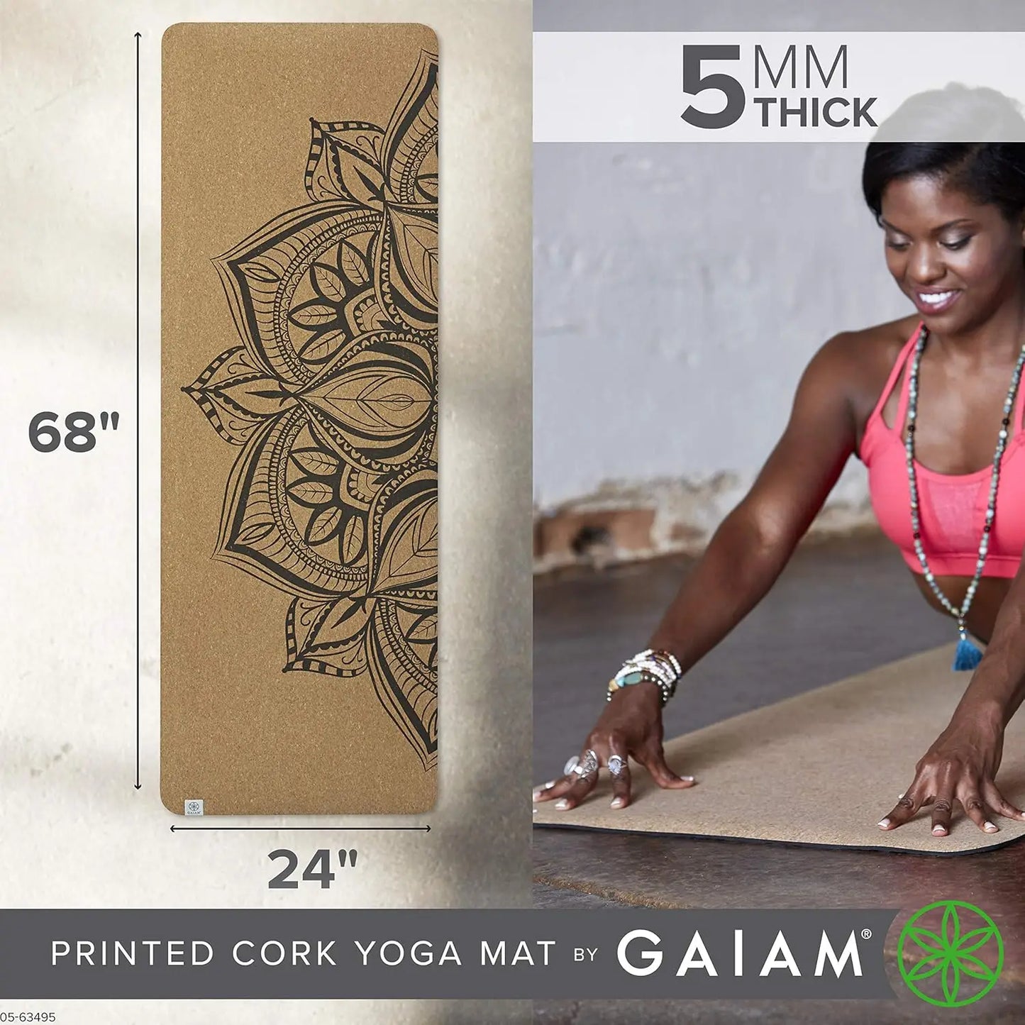 Natural Cork Yoga Mat with Non-Slip TPE Backing, Sweat-Resistant for Hot Yoga and Pilates (68x24x5mm)