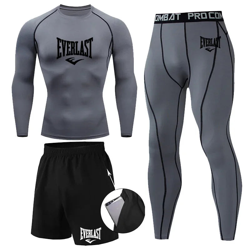 EVER/LAST Black Men's Suits Compression Shirts Leggings Elasticity Fitness Gym Running Breathable Quick Dry Rashguard Men Sets