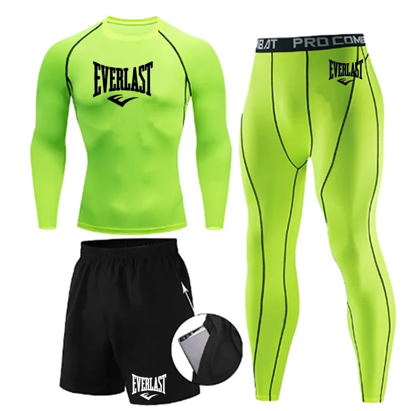 EVER/LAST Black Men's Suits Compression Shirts Leggings Elasticity Fitness Gym Running Breathable Quick Dry Rashguard Men Sets