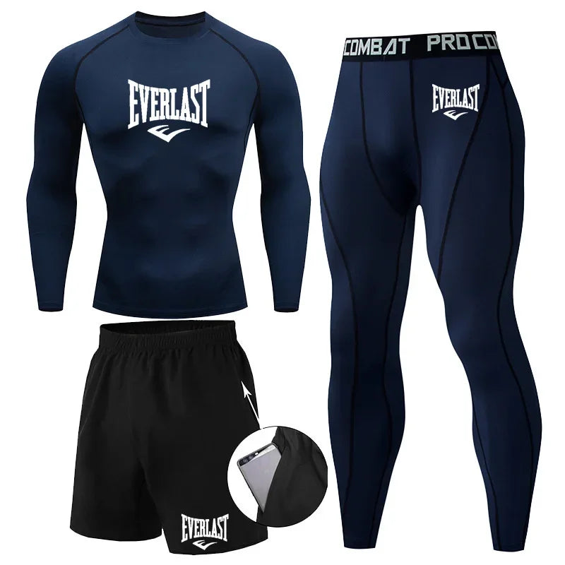EVER/LAST Black Men's Suits Compression Shirts Leggings Elasticity Fitness Gym Running Breathable Quick Dry Rashguard Men Sets
