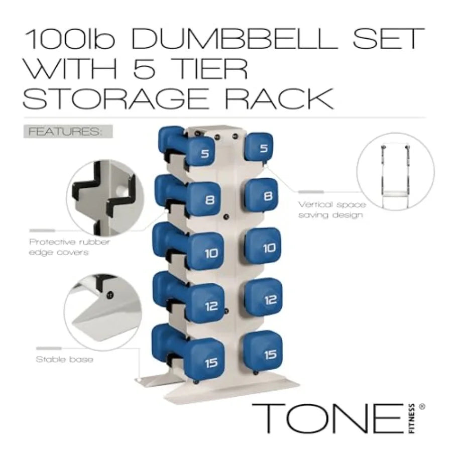Tone Fitness Neoprene Dumbbell Set with Storage Rack Non-Slip Anti-Roll Hand Weights for Home Gym Workouts 20 lb 32 lb 50 lb 60