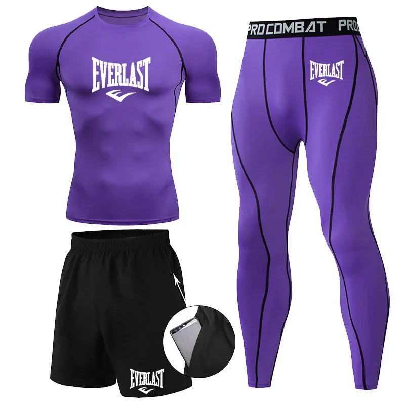 EVER/LAST Black Men's Suits Compression Shirts Leggings Elasticity Fitness Gym Running Breathable Quick Dry Rashguard Men Sets