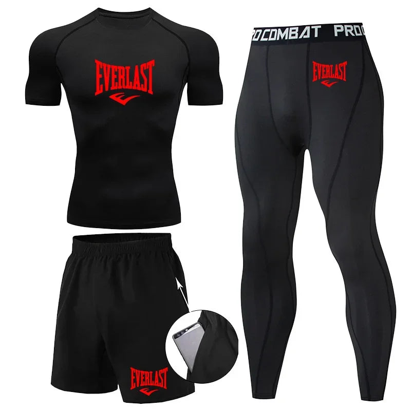 EVER/LAST Black Men's Suits Compression Shirts Leggings Elasticity Fitness Gym Running Breathable Quick Dry Rashguard Men Sets