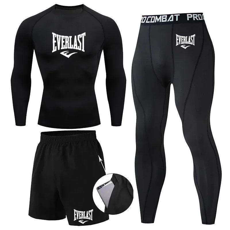 EVER/LAST Black Men's Suits Compression Shirts Leggings Elasticity Fitness Gym Running Breathable Quick Dry Rashguard Men Sets