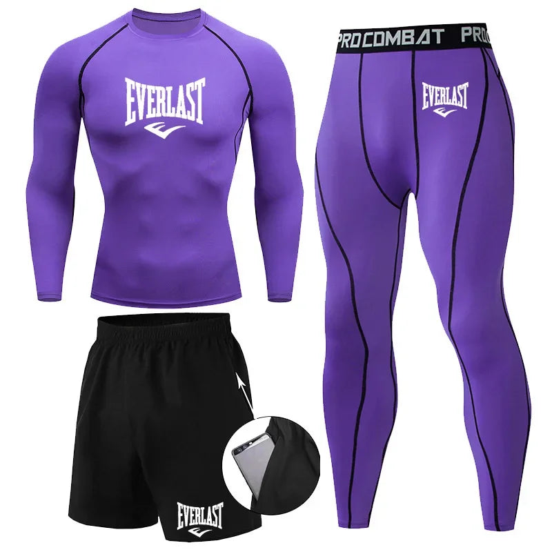 EVER/LAST Black Men's Suits Compression Shirts Leggings Elasticity Fitness Gym Running Breathable Quick Dry Rashguard Men Sets