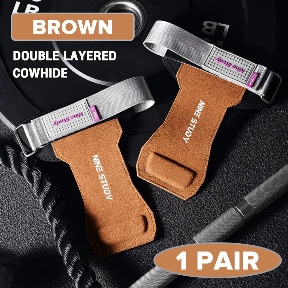 1 Pair Premium Anti-Slip Lifting Straps Grips Fitness Gloves for Gym Training Deadlifting Bodybuilding 3 layer Leather