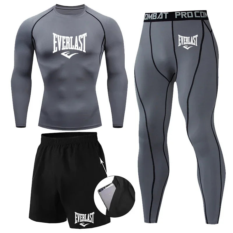 EVER/LAST Black Men's Suits Compression Shirts Leggings Elasticity Fitness Gym Running Breathable Quick Dry Rashguard Men Sets