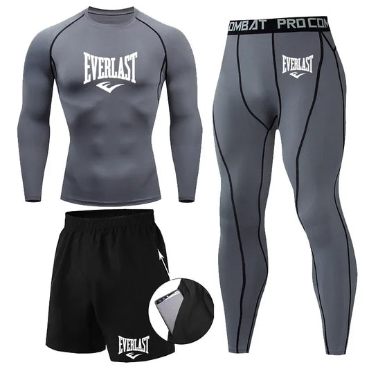 EVER/LAST Black Men's Suits Compression Shirts Leggings Elasticity Fitness Gym Running Breathable Quick Dry Rashguard Men Sets