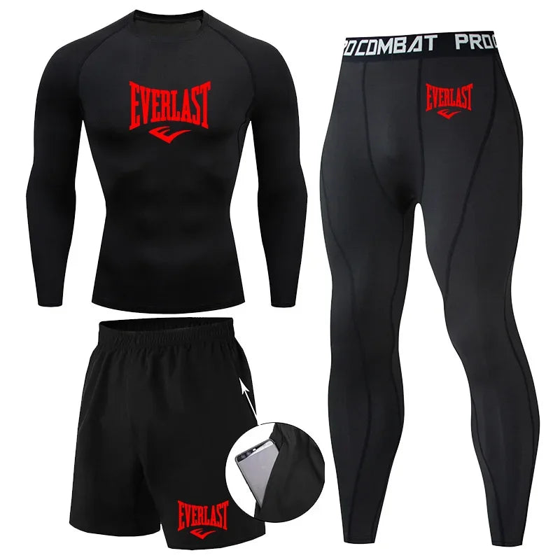 EVER/LAST Black Men's Suits Compression Shirts Leggings Elasticity Fitness Gym Running Breathable Quick Dry Rashguard Men Sets