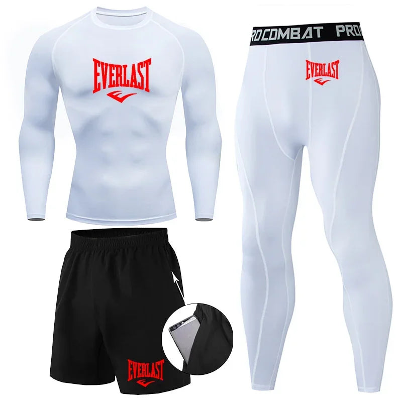 EVER/LAST Black Men's Suits Compression Shirts Leggings Elasticity Fitness Gym Running Breathable Quick Dry Rashguard Men Sets