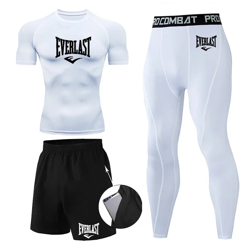 EVER/LAST Black Men's Suits Compression Shirts Leggings Elasticity Fitness Gym Running Breathable Quick Dry Rashguard Men Sets