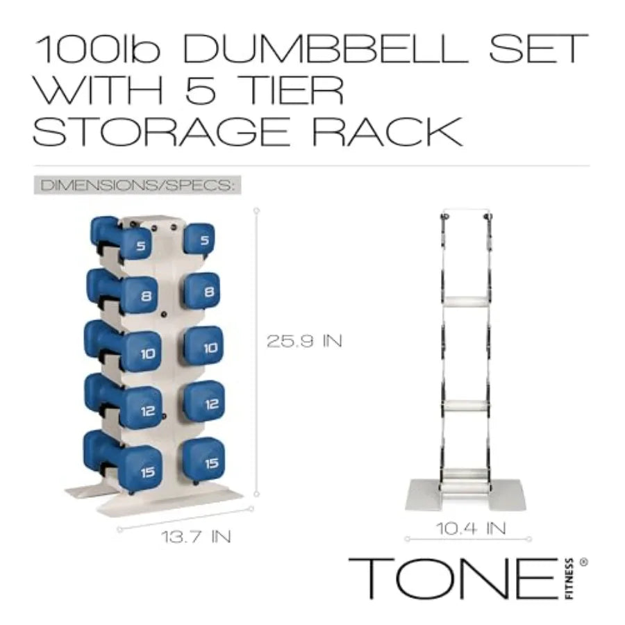 Tone Fitness Neoprene Dumbbell Set with Storage Rack Non-Slip Anti-Roll Hand Weights for Home Gym Workouts 20 lb 32 lb 50 lb 60