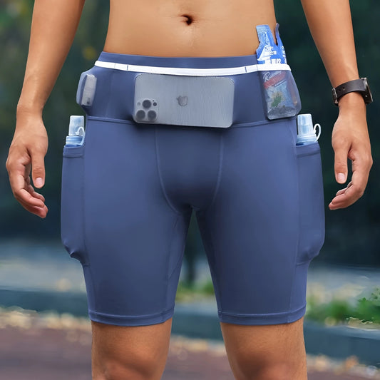 Mens Marathon Running Shorts with Waist Pack Compression Guys Tights Yoga Fitness Outdoor Sport Short Pants Legging Quick Drying