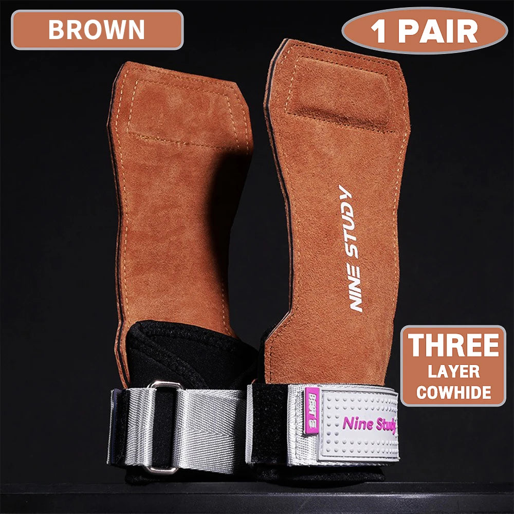 1 Pair Premium Anti-Slip Lifting Straps Grips Fitness Gloves for Gym Training Deadlifting Bodybuilding 3 layer Leather