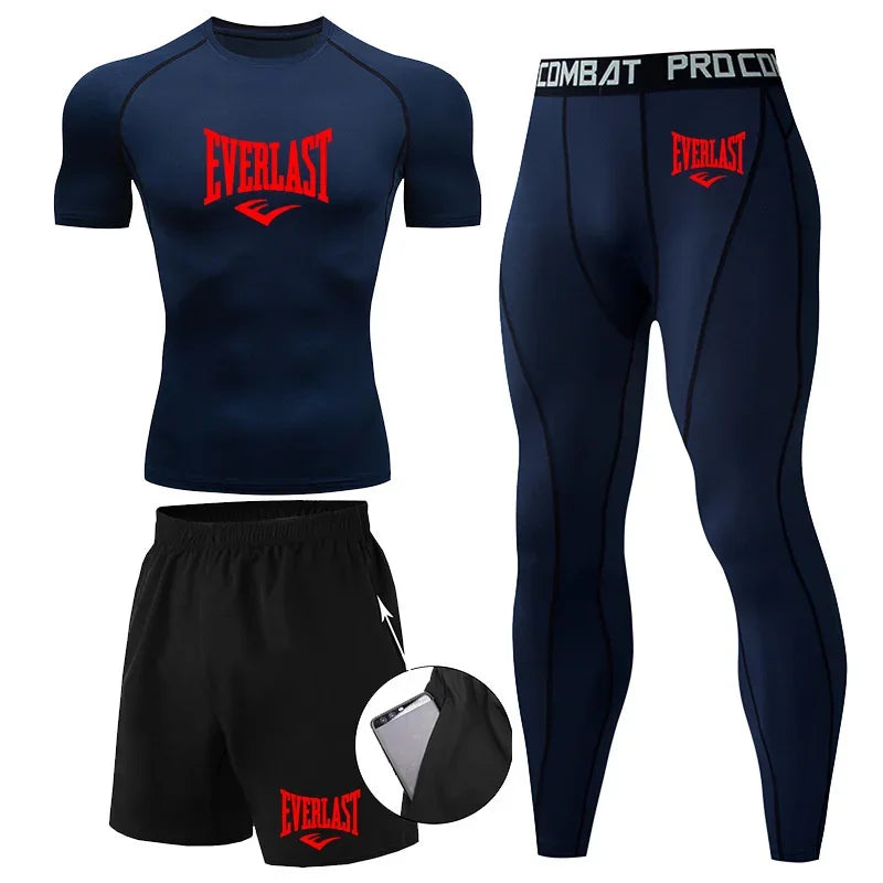 EVER/LAST Black Men's Suits Compression Shirts Leggings Elasticity Fitness Gym Running Breathable Quick Dry Rashguard Men Sets