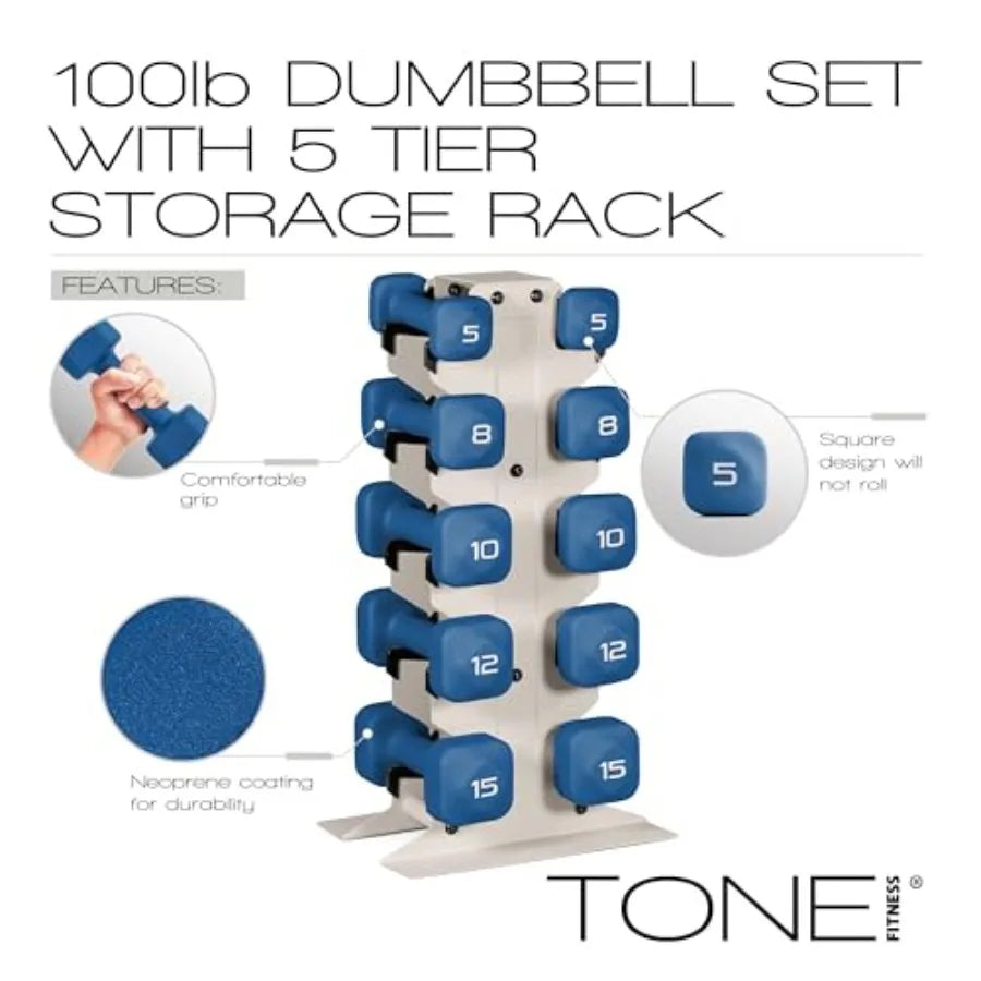 Tone Fitness Neoprene Dumbbell Set with Storage Rack Non-Slip Anti-Roll Hand Weights for Home Gym Workouts 20 lb 32 lb 50 lb 60