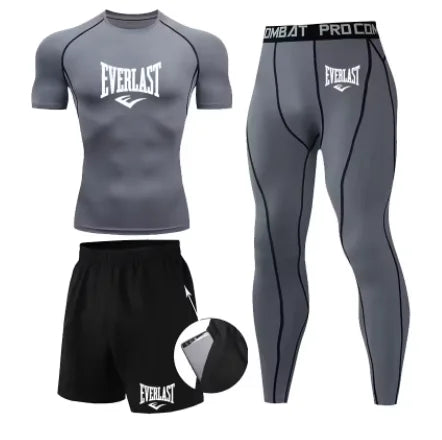 EVER/LAST Black Men's Suits Compression Shirts Leggings Elasticity Fitness Gym Running Breathable Quick Dry Rashguard Men Sets