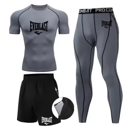 EVER/LAST Black Men's Suits Compression Shirts Leggings Elasticity Fitness Gym Running Breathable Quick Dry Rashguard Men Sets