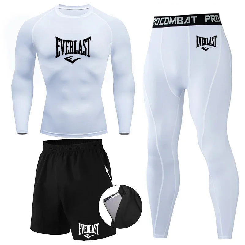 EVER/LAST Black Men's Suits Compression Shirts Leggings Elasticity Fitness Gym Running Breathable Quick Dry Rashguard Men Sets