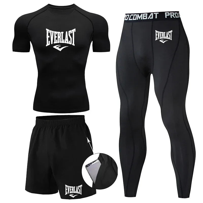 EVER/LAST Black Men's Suits Compression Shirts Leggings Elasticity Fitness Gym Running Breathable Quick Dry Rashguard Men Sets