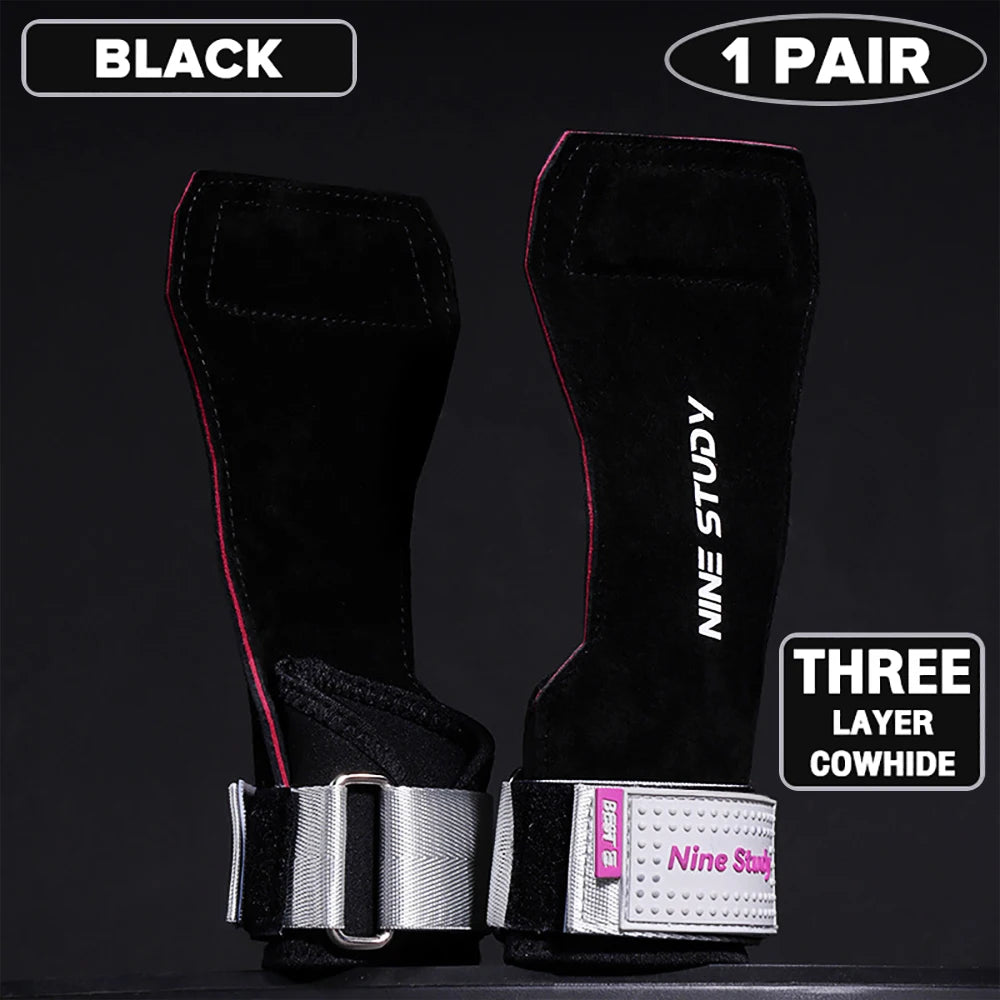 1 Pair Premium Anti-Slip Lifting Straps Grips Fitness Gloves for Gym Training Deadlifting Bodybuilding 3 layer Leather