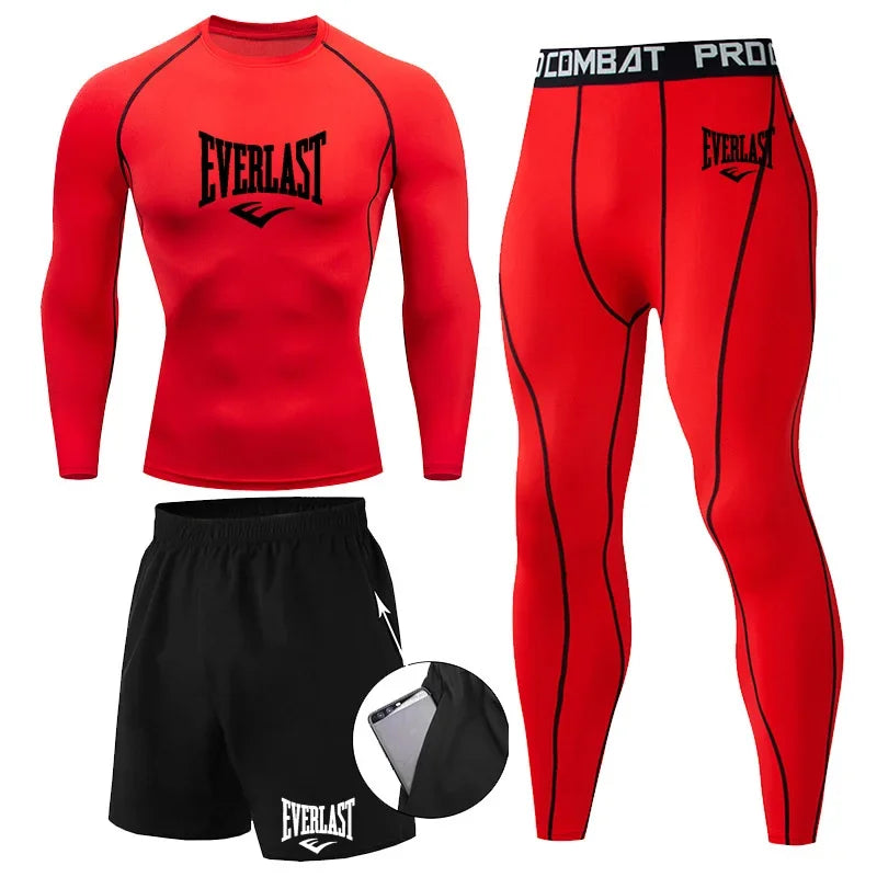 EVER/LAST Black Men's Suits Compression Shirts Leggings Elasticity Fitness Gym Running Breathable Quick Dry Rashguard Men Sets