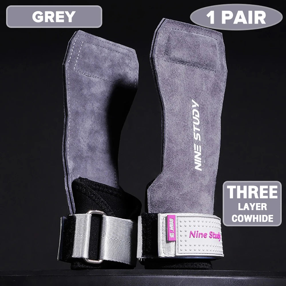 1 Pair Premium Anti-Slip Lifting Straps Grips Fitness Gloves for Gym Training Deadlifting Bodybuilding 3 layer Leather