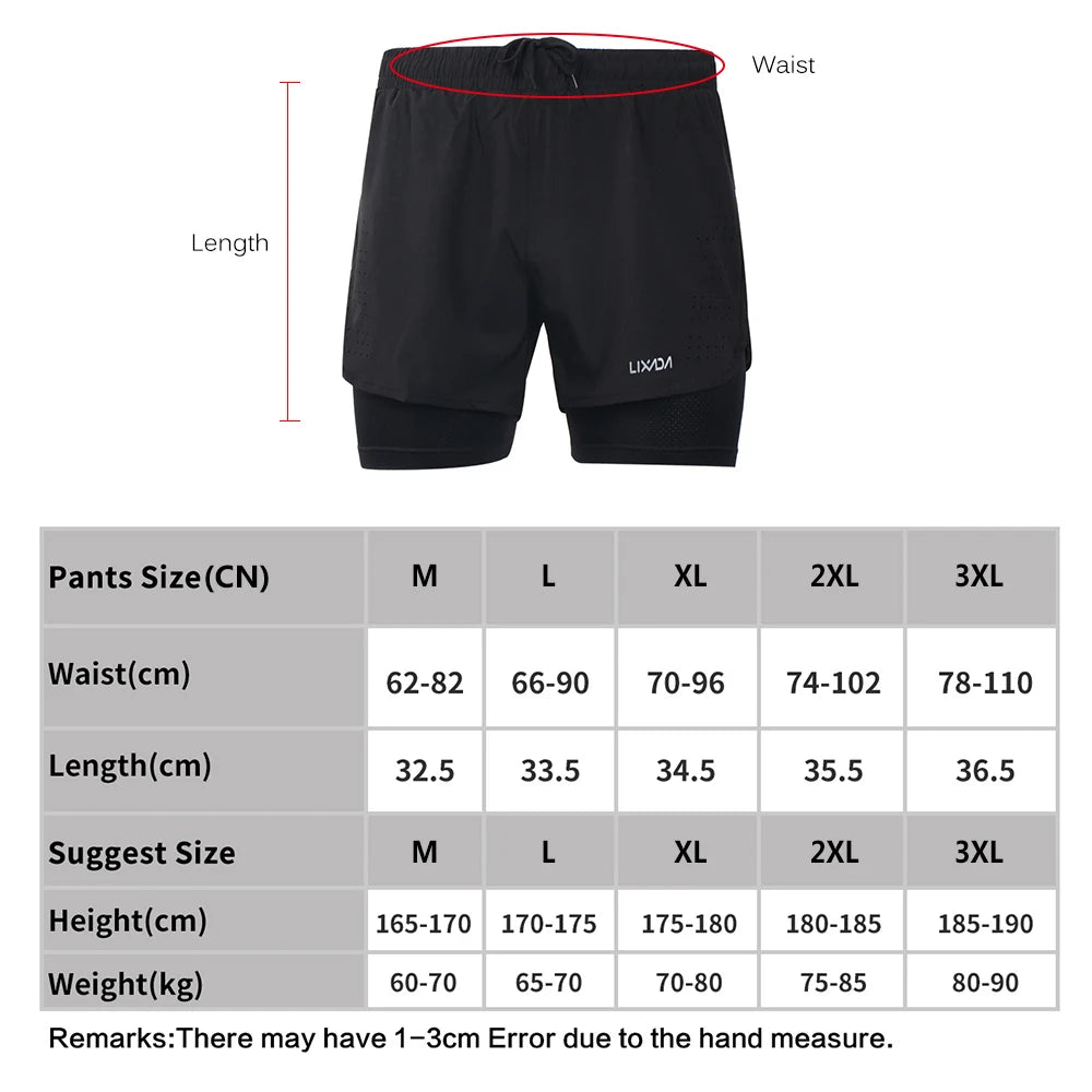 Lixada Men's 2-in-1 Running Shorts Quick Drying Breathable Active Training Exercise Jogging Cycling Shorts with Longer Liner