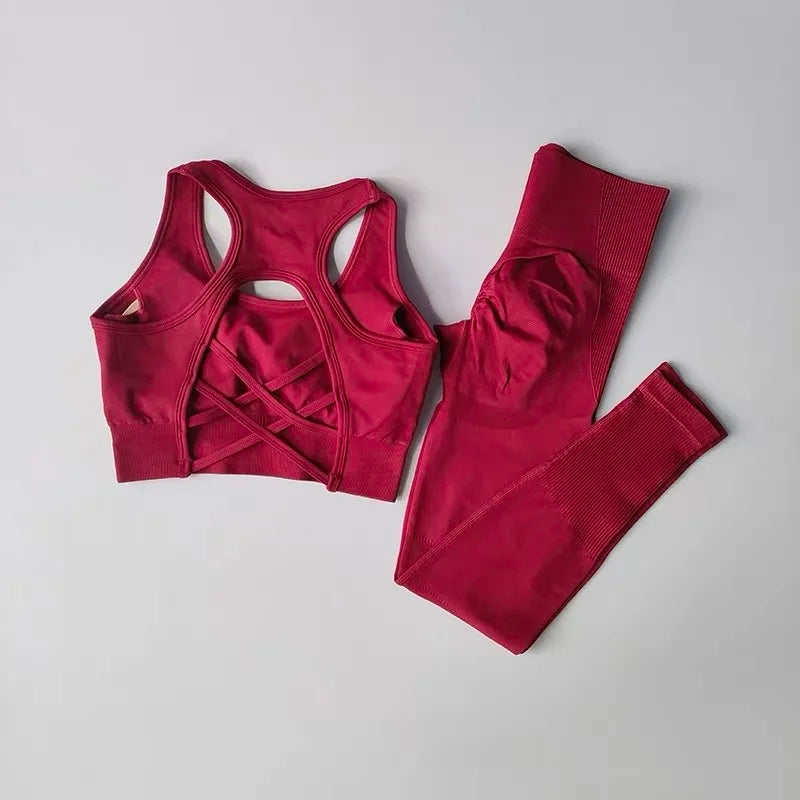 2PCS Sports Bra Women's Set Professional Fitness Tank Top Bra Shockproof Running Leggings Yoga Suit Beautiful Back Bra Clothing